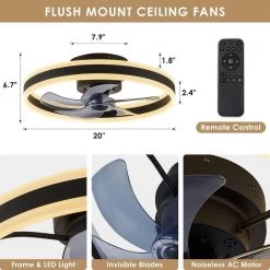 ANTOINE 20 in. Black Low Profile Flush Mount LED with Remote and APP Smart Control Indoor Ceiling Fan with Dimmable Lighting -Fans Shop black ceiling fans with lights hd fsd 14 1f 1000