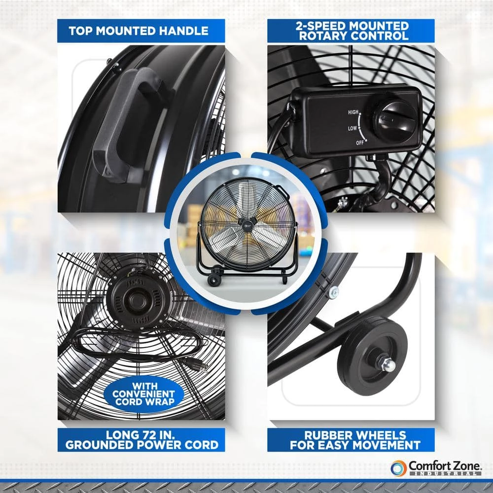 Comfort Zone 24 in. 2-Speed High-Velocity Industrial Drum Fan with Aluminum Blades and 180-Degree Adjustable Tilt in Black 3 Comfort Zone 24 in. 2-Speed High-Velocity Industrial Drum Fan with Aluminum Blades and 180-Degree Adjustable Tilt in Black - Image 3