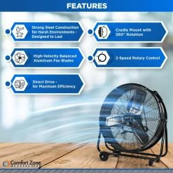Comfort Zone 24 in. 2-Speed High-Velocity Industrial Drum Fan with Aluminum Blades and 180-Degree Adjustable Tilt in Black 15 Comfort Zone 24 in. 2-Speed High-Velocity Industrial Drum Fan with Aluminum Blades and 180-Degree Adjustable Tilt in Black -Fans Shop black comfort zone industrial fans czmc24 66 1000