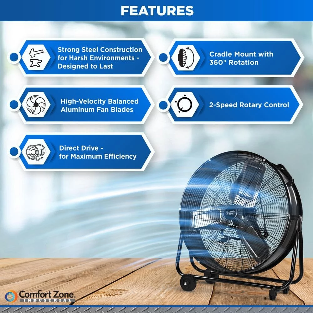 Comfort Zone 24 in. 2-Speed High-Velocity Industrial Drum Fan with Aluminum Blades and 180-Degree Adjustable Tilt in Black 4 Comfort Zone 24 in. 2-Speed High-Velocity Industrial Drum Fan with Aluminum Blades and 180-Degree Adjustable Tilt in Black - Image 4