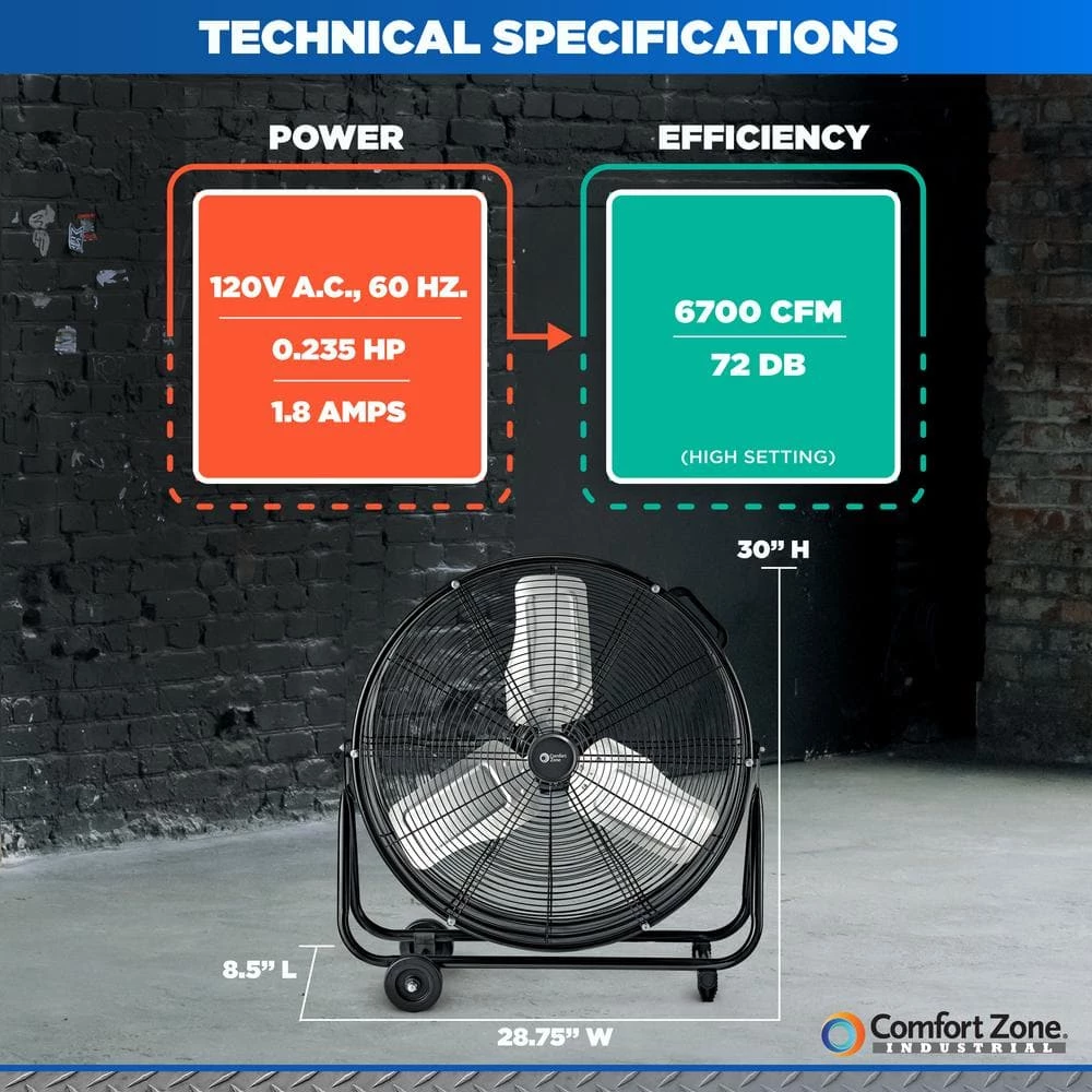 Comfort Zone 24 in. 2-Speed High-Velocity Industrial Drum Fan with Aluminum Blades and 180-Degree Adjustable Tilt in Black 2 Comfort Zone 24 in. 2-Speed High-Velocity Industrial Drum Fan with Aluminum Blades and 180-Degree Adjustable Tilt in Black - Image 2