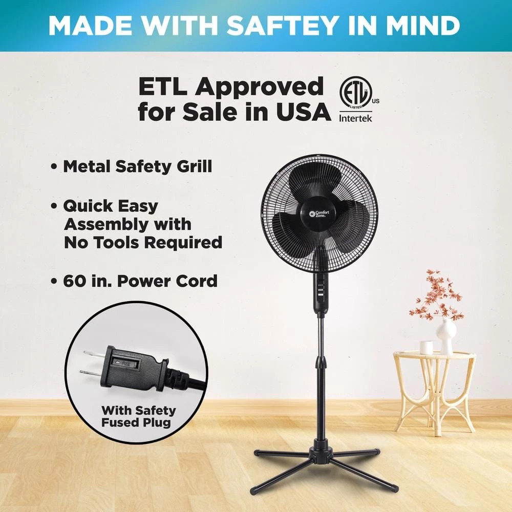 Comfort Zone 16 in. Oscillating Pedestal Fan in Black 11 Comfort Zone 16 in. Oscillating Pedestal Fan in Black - Image 11