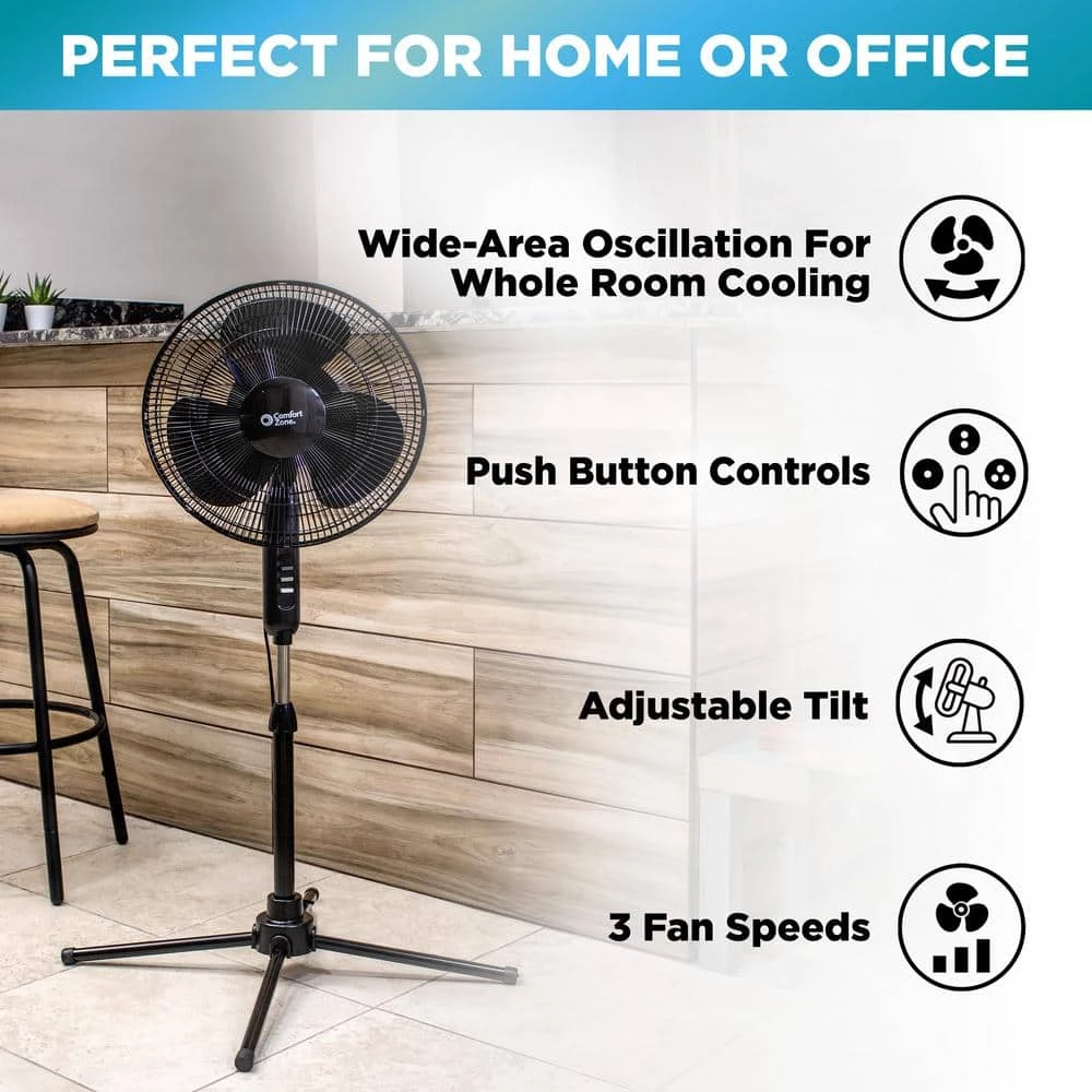 Comfort Zone 16 in. Oscillating Pedestal Fan in Black 5 Comfort Zone 16 in. Oscillating Pedestal Fan in Black - Image 5