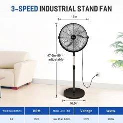 Aoibox Adjustable-Height Black 18 in. Pedestal Standing Fan, High Velocity, Heavy Duty Metal for Industrial, Residential Use -Fans Shop black pedestal fans snmx025 fa 1000
