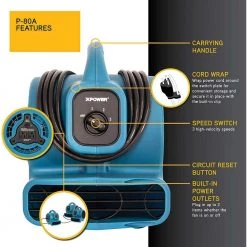 XPOWER 600 CFM 3-Speed Multi-Purpose Mini Mighty Air Mover Utility Blower Fan with Power Outlets -Fans Shop blue xpower blower fans p 80a blue c3 1000