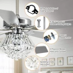 Parrot Uncle Zuniga 52 in. Indoor Chrome Downrod Mount Crystal Chandelier Ceiling Fan with Light Kit and Remote Control -Fans Shop chrome parrot uncle ceiling fans with lights f6222a110v 4f 1000