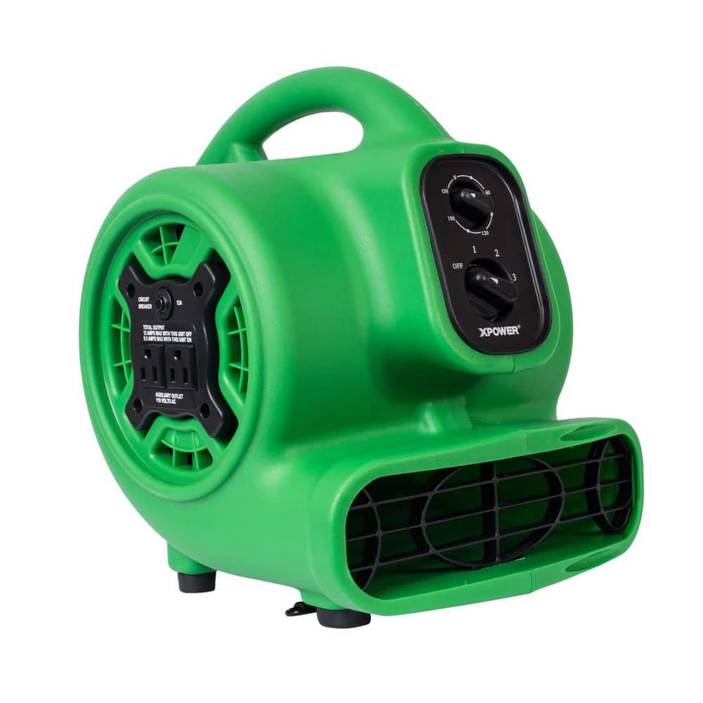 XPOWER 925 CFM 3-Speed Multi-Purpose Mini Mighty Air Mover Utility Blower Fan with Power Outlets and Timer in Green 1 XPOWER 925 CFM 3-Speed Multi-Purpose Mini Mighty Air Mover Utility Blower Fan with Power Outlets and Timer in Green