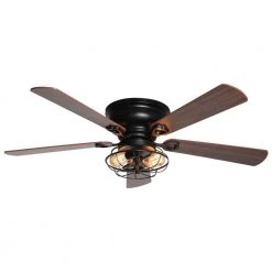 Parrot Uncle 48 in. Indoor Matte Black Wood 5-Blade Flush Mount Ceiling Fan with Remote and Light Kit