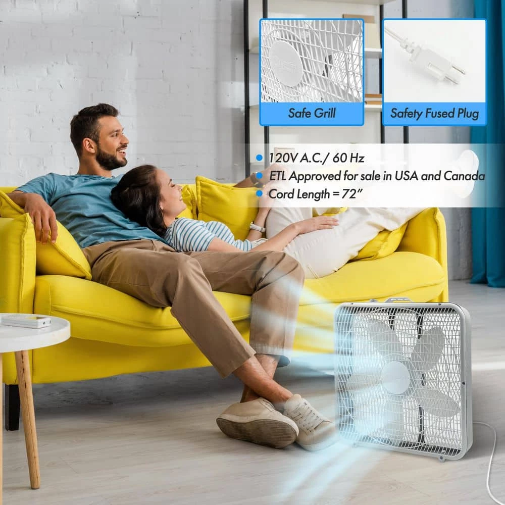 Comfort Zone 20 in. White High Performance Box Fan with Carry Handle 3 Comfort Zone 20 in. White High Performance Box Fan with Carry Handle - Image 3