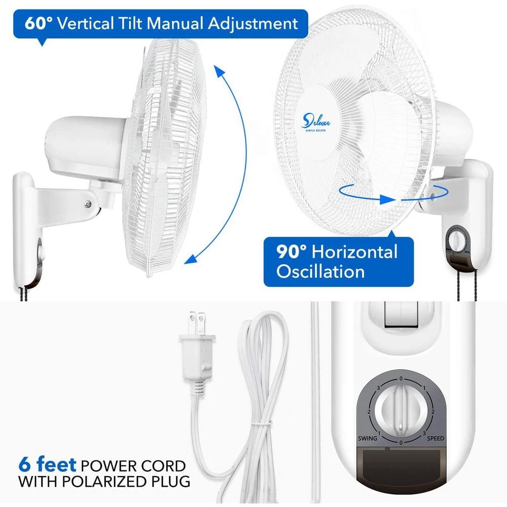 Tidoin 16 in. 3-Speed Mounted Wall Fan with Adjustable Tilt in White 2 Tidoin 16 in. 3-Speed Mounted Wall Fan with Adjustable Tilt in White - Image 2