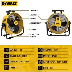 DEWALT 20 in. 3-Speed Heavy-Duty Drum Fan with 6 ft. Power Cord -Fans Shop yellow dewalt industrial fans dxf 2042 66 1000