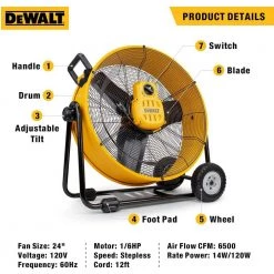 DEWALT 24 in. Heavy-Duty Drum Fan with Extra Long 12 ft. Power Cord and Stepless Speed Control -Fans Shop yellow dewalt industrial fans dxf 2490 a0 1000