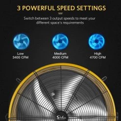 Edendirect 24 in. 3-Speed Air Circulation High-Velocity Industrial Drum Fan, Aluminum Blades and 360-Degree Adjustable Tilt Yellow -Fans Shop yellow edendirect industrial fans dhs0ra220421001 fa 1000