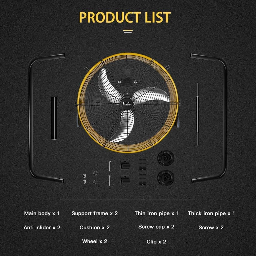 Aoibox 24 in. Yellow 3-Speed High Velocity Metal Drum Fan Circulation for Industrial Commercial, Residential Shop Air Movement 5 Aoibox 24 in. Yellow 3-Speed High Velocity Metal Drum Fan Circulation for Industrial Commercial, Residential Shop Air Movement - Image 5