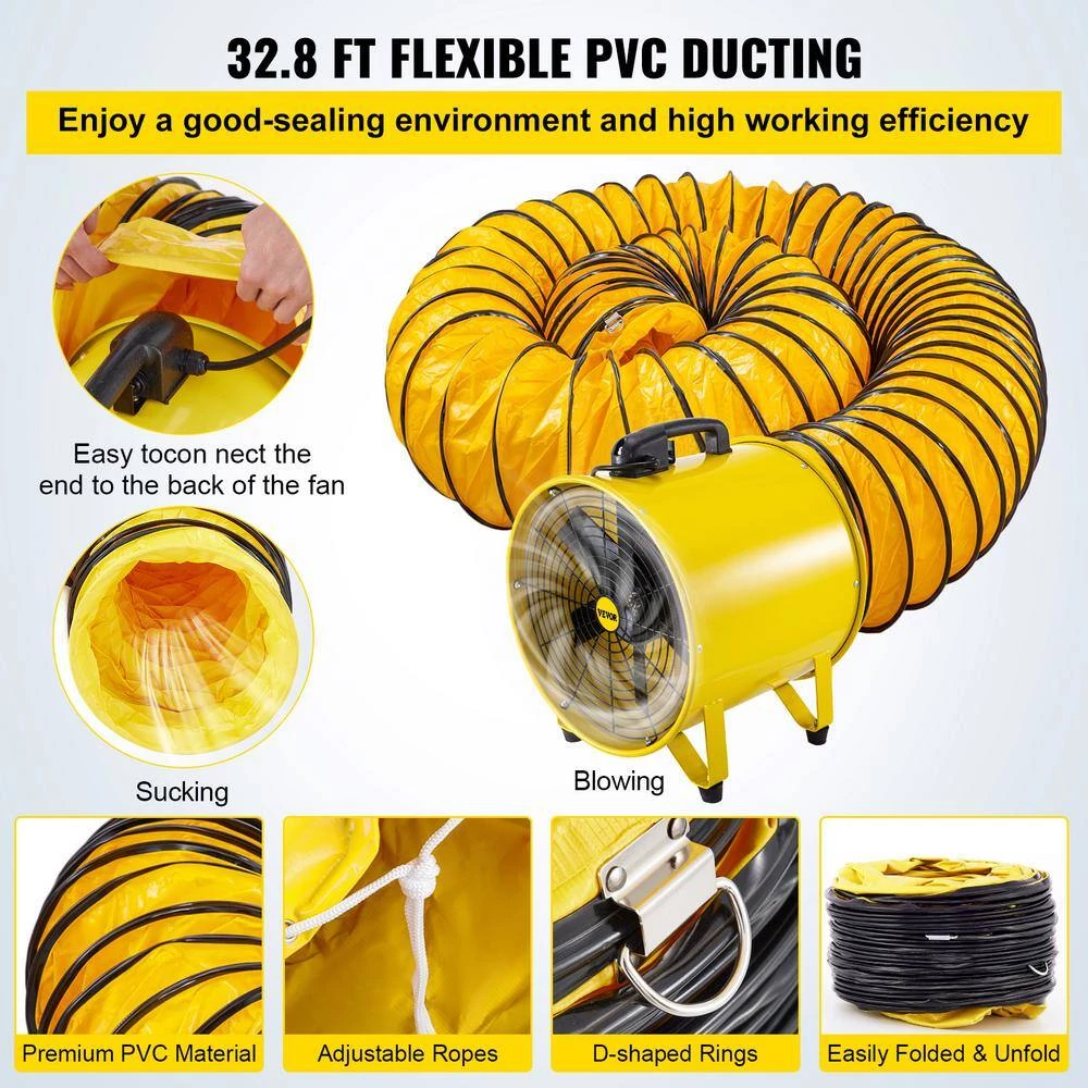 VEVOR Pivoting Utility Blower Fan 16 in. 1100 Watt 2160 3178 CFM High Velocity Ventilator with 32.8 ft. Duct Hose for Jobsite 5 VEVOR Pivoting Utility Blower Fan 16 in. 1100 Watt 2160 3178 CFM High Velocity Ventilator with 32.8 ft. Duct Hose for Jobsite - Image 5