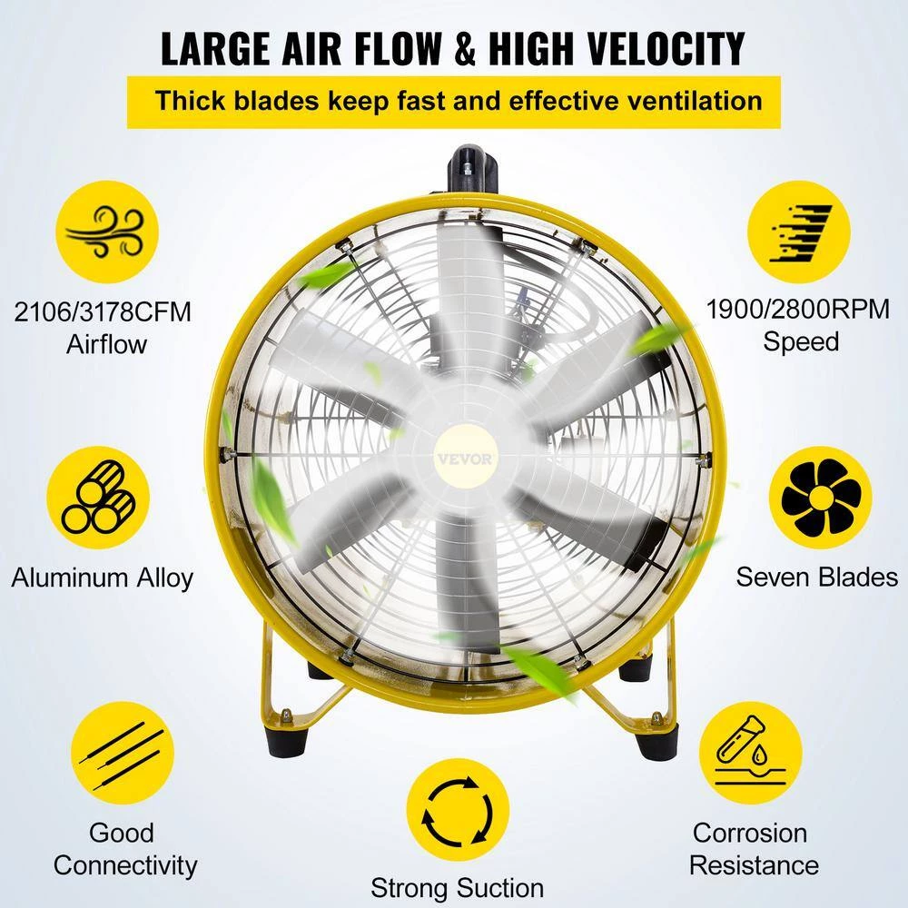 VEVOR Pivoting Utility Blower Fan 16 in. 1100 Watt High Velocity Ventilator with 16 ft. Duct Hose for Jobsite Fume Exhausting 4 VEVOR Pivoting Utility Blower Fan 16 in. 1100 Watt High Velocity Ventilator with 16 ft. Duct Hose for Jobsite Fume Exhausting - Image 4